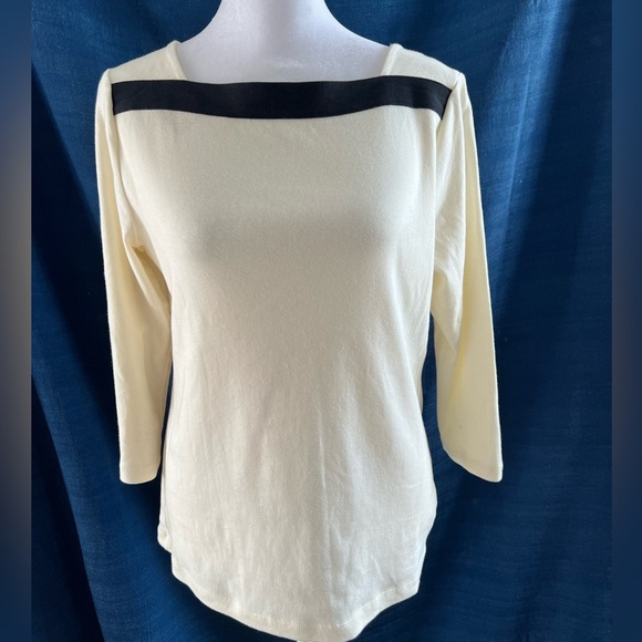 NWT Lauren Ralph Lauren | Cream 3/4 Sleeve Top Black Stripe Neckline Size Med - Picture 3 of 9